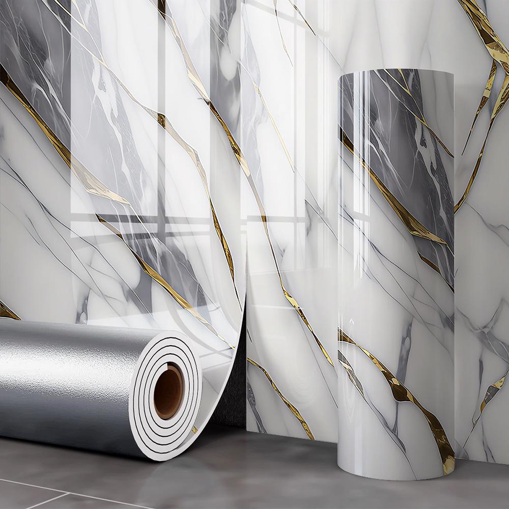 Waterproof Self-Adhesive Marble Tile Wall Sticker for Bathroom, Kitchen & Living Room - Moisture-Proof Wallpaper Renovation.