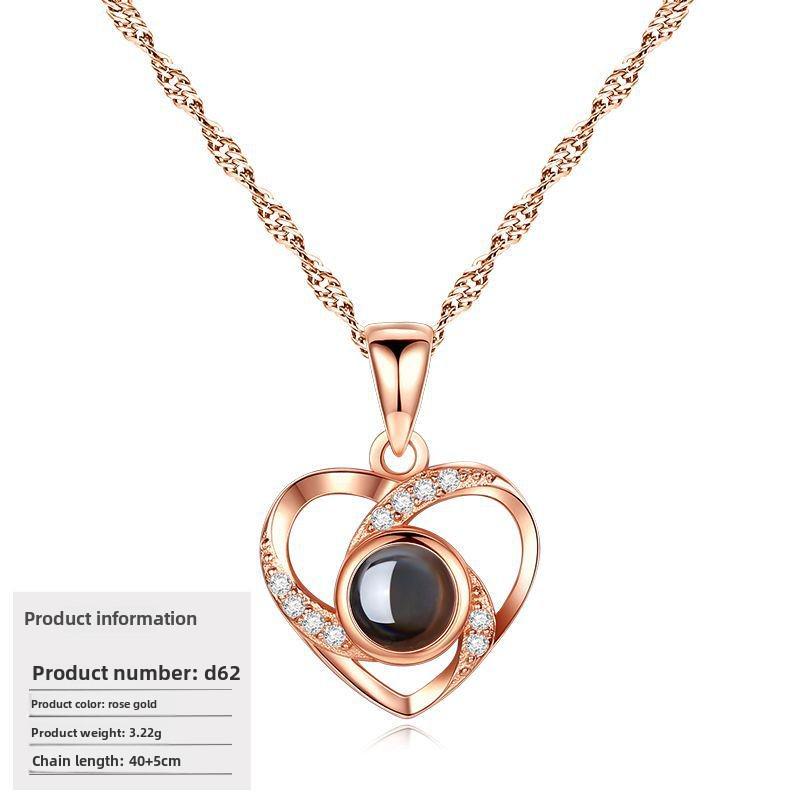 S925 Silver Peach Heart Projection Necklace 'I Love You' in 100 Languages