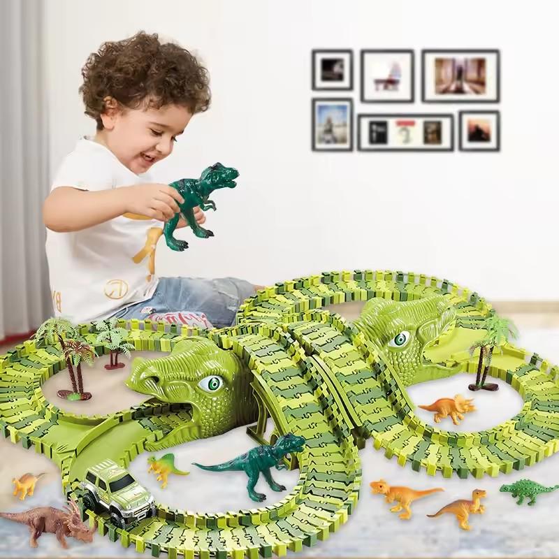 Dinosaur Themed Plastic Racing Track Set Bend Flexible Race Track with Electronic Car Educational Toys for Children