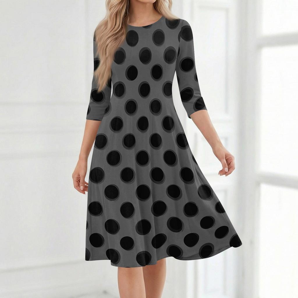 Women's Casual Round Neck 3/4 Sleeve Polka Dot Print Midi Dress