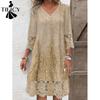 Women's Fashion Summer Spring Solid Color Print 1/2 Sleeves V-Neck Loose Waistline Casual Dresses