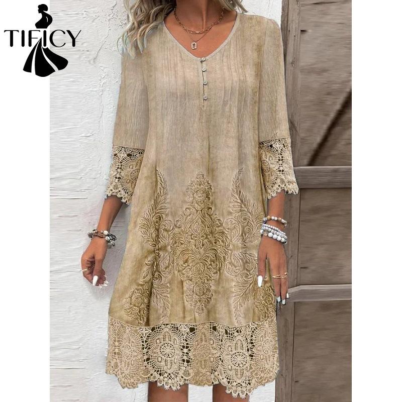 TIFICY Damenmode Sommer Frühling Einfarbig Druck 1/2 Ärmel V-Ausschnitt Lockere Taille Freizeitkleider