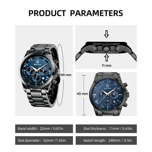 BENYAR Men's Watch Analog Quartz Movement Chronograph Watch Casual Sports Design Stainless Steel Strap 30M Waterproof Elegant Gift for Men Black Blue
