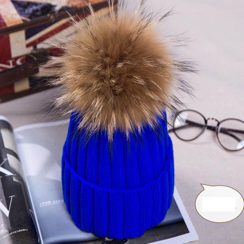Real Winter New Raccoon Fur Hats Pom Pon Women Lady Knit Beanie Bobble Cap