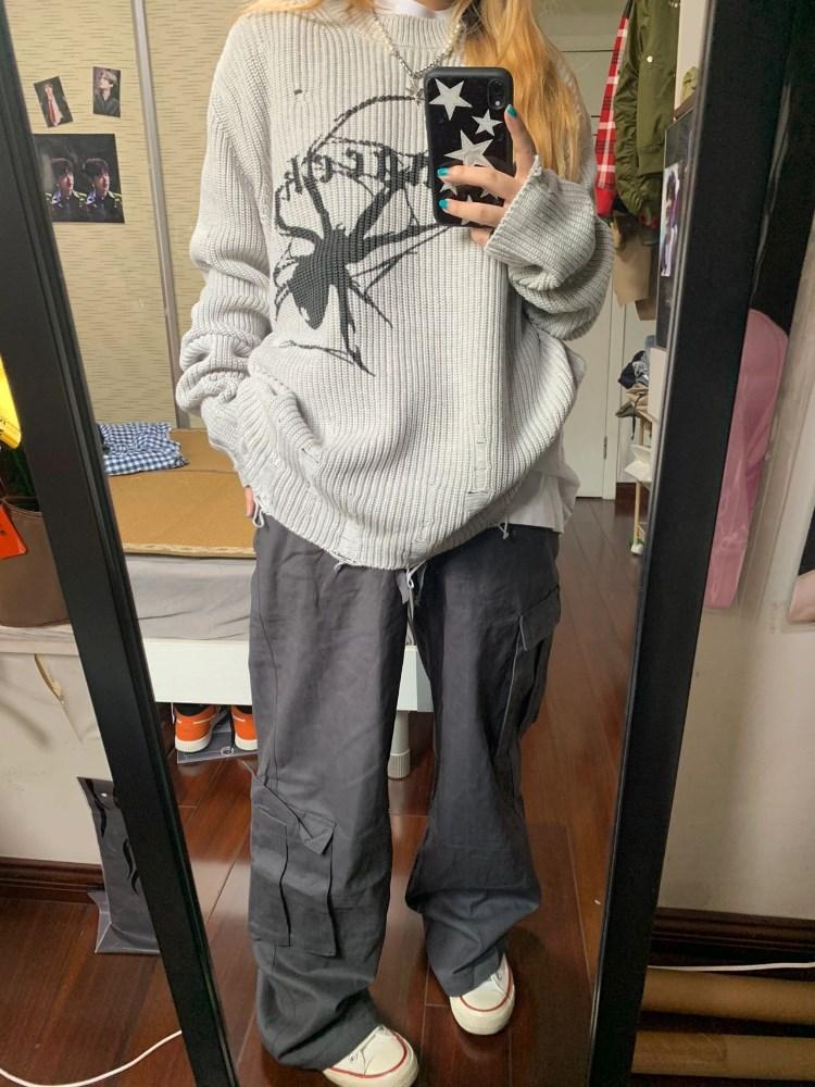 Milang Girl Spider Print Harajuku Sweater Women Gothic Vintage Ripped Grunge Jumper Streetwear Korean Oversize Hiphop Pullover