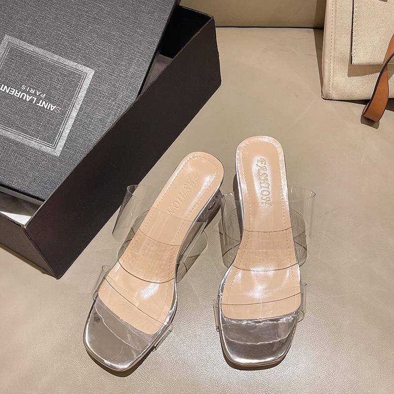 

Transparent high-heeled sandals women s shoes summer new drag thick heel crystal heel women s sandals outer wear women s shoes summer 40 серебряный