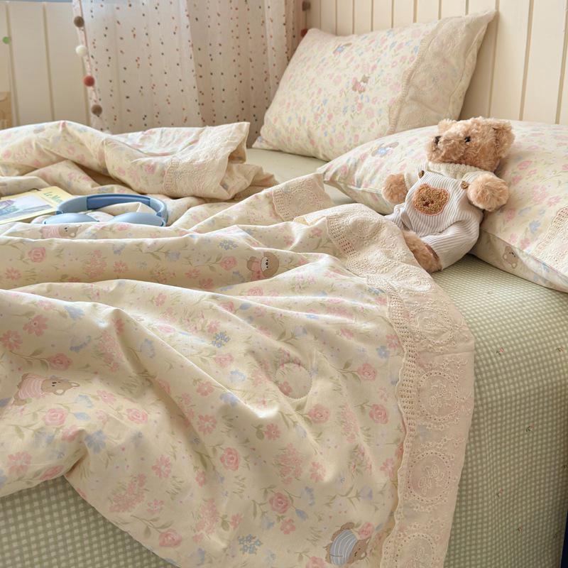 Pure Cotton Summer Quilt Set - 4 Pieces, Machine Washable, Ideal for Dorms
