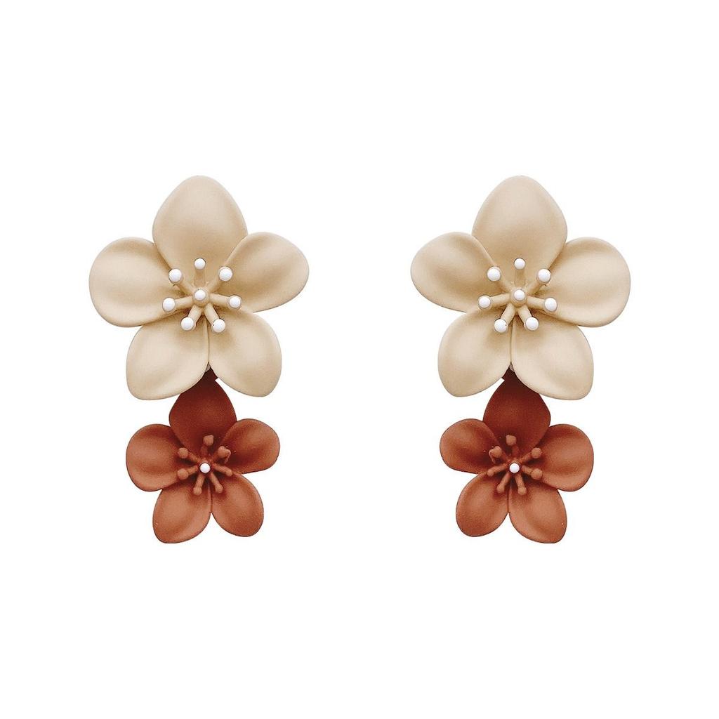 Double Flower Earrings Trendy Pink Flowers Studs Earrings For Women Wedding Party Jewelry Boho Metal Earrings Female