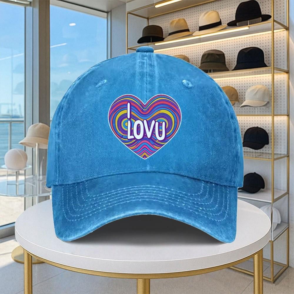 I Love You Heart Print Vintage Baseball Cap Washed Denim Adjustable Casual Street Style Hat