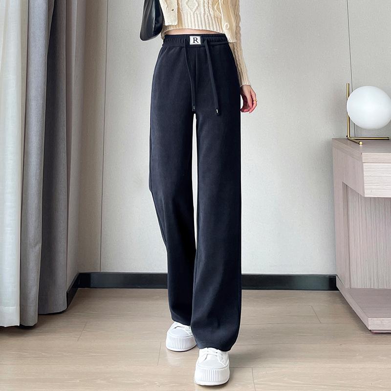 

European Cotton Velvet Narrow/Wide Leg Pants: Women s Autumn/Winter Plus Size High Waist Casual Fleece-Lined Straight Leg Trousers. 5XL