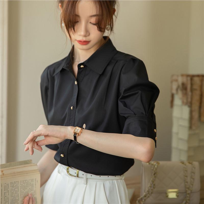 

Женский черный топ с рукавами-буфами средней длины - Элегантный летний стиль S чёрный