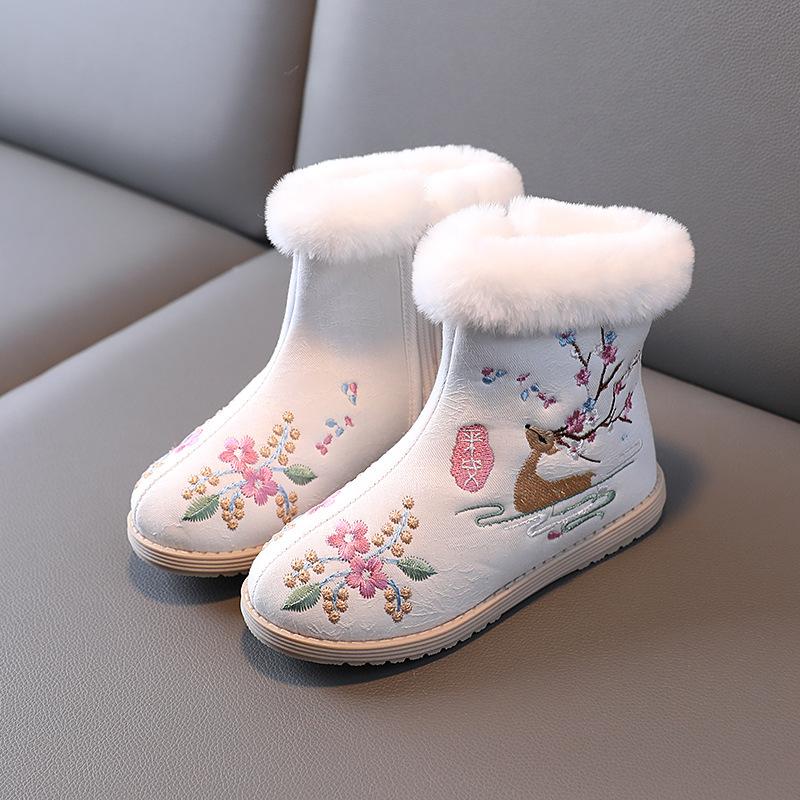 Girls Ethnic Style Embroidery Large Size Thick Bottom Winter Warm Fur One Snow Boots Thickened Lined Ankle Boots Non-slip Hiking Sports Cotton Boots