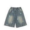 Kids Child Retro Gothic Y2K Knee Length Ripped Denim Shorts with Star Print for Teenage Girl Casual Mid-Calf Jeans Capri