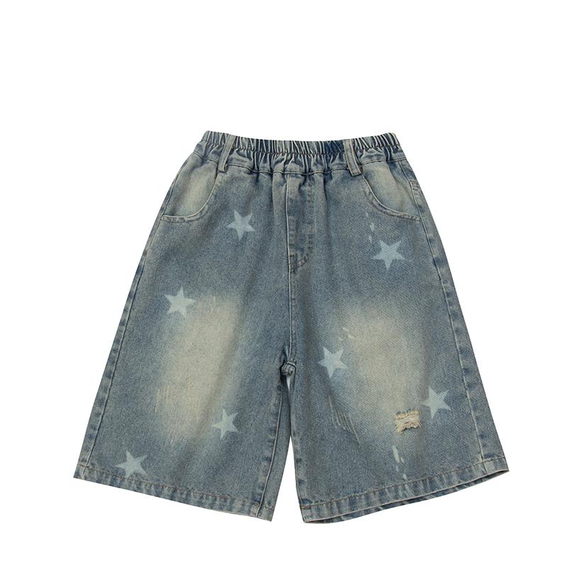 Kids Child Retro Gothic Y2K Knee Length Ripped Denim Shorts with Star Print for Teenage Girl Casual Mid-Calf Jeans Capri