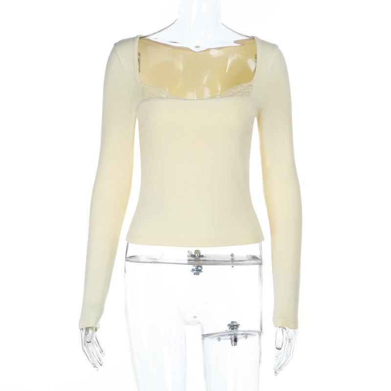 Women European Style Sexy Lace Trim Long Sleeve Slim Fit T Shirt