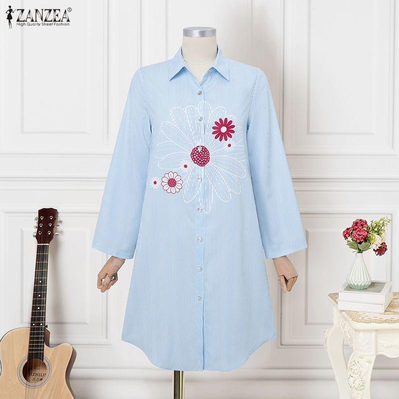 ZANZEA Women Floral Print Casual Turn Down Collar 3/4 Sleeve Stripe Shirt Dress