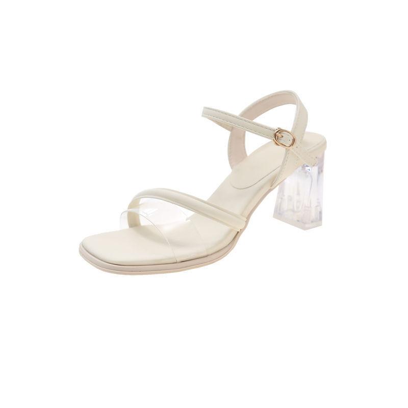 

French temperament thick heel high heels women s black professional one-word buckle sandals women s summer middle heel 2024 new models 35