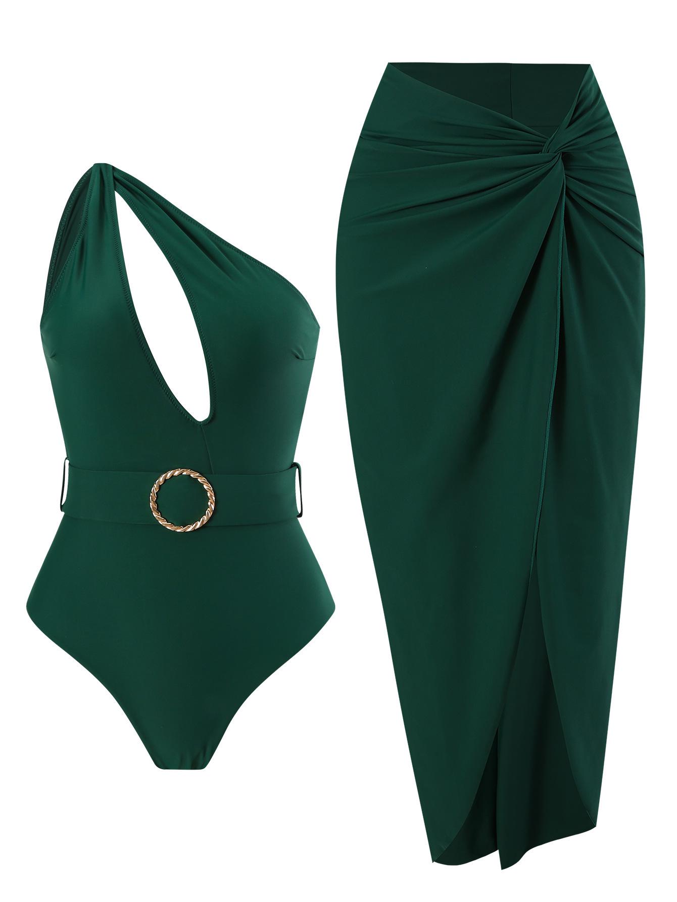 

Женский однотонный слитный купальник и двухпредметный комплект с юбкой из марли и красивым дизайном спины. M