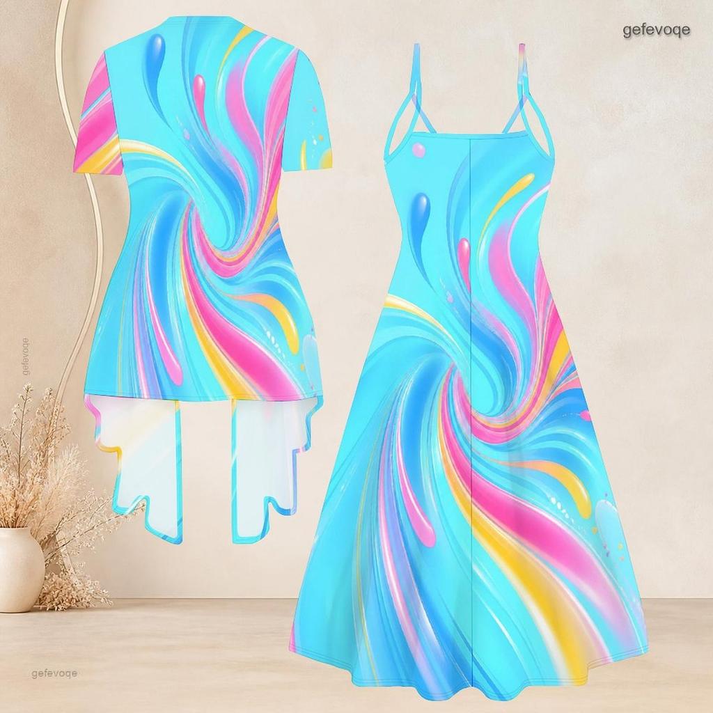 Women Plus Size Colorful Printed Two Piece Set V Neck Strappy Flared Dress Short Sleeve Open Front Cardigan