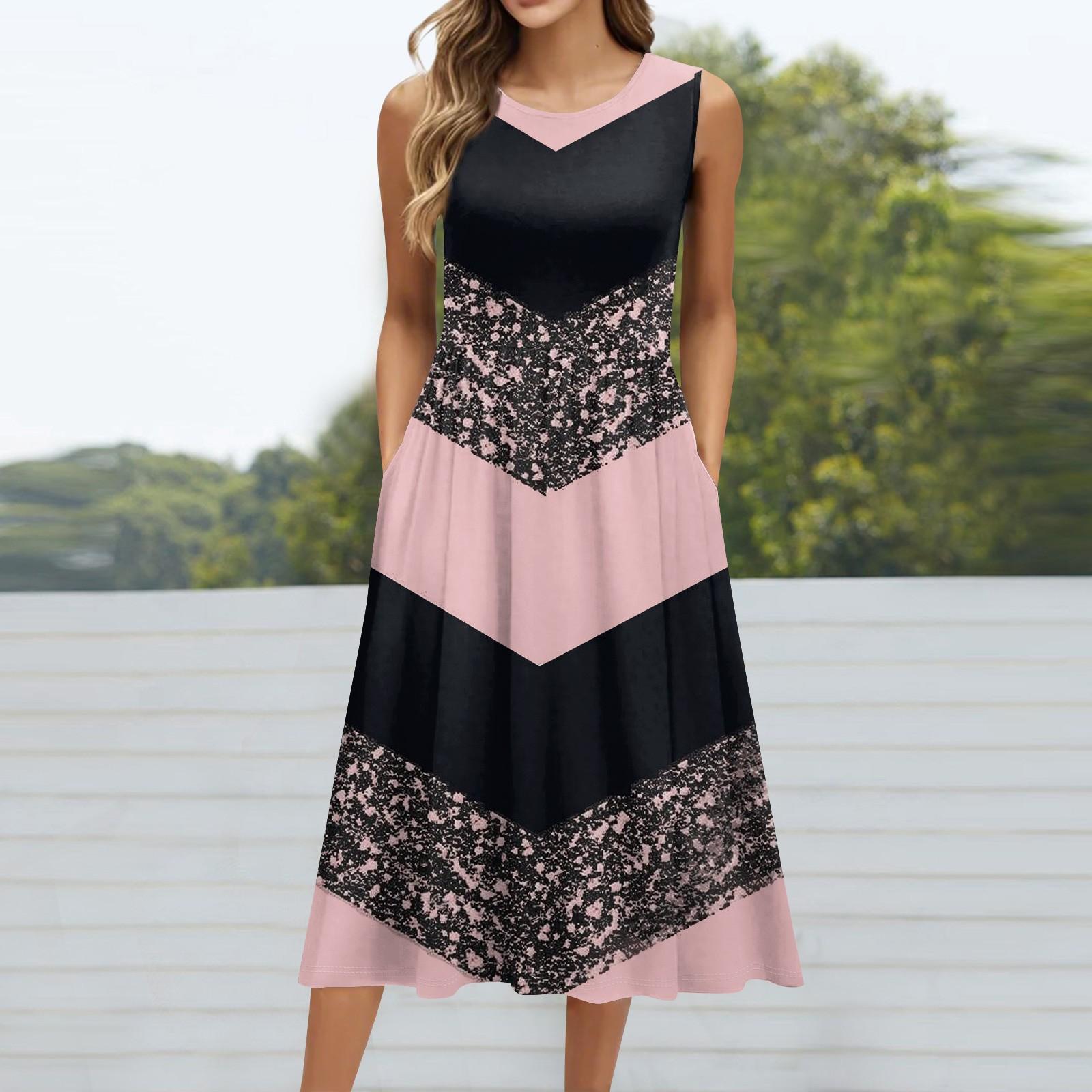 

Женское модное платье средней длины с круглым вырезом и принтом без рукавов XXXL розовый