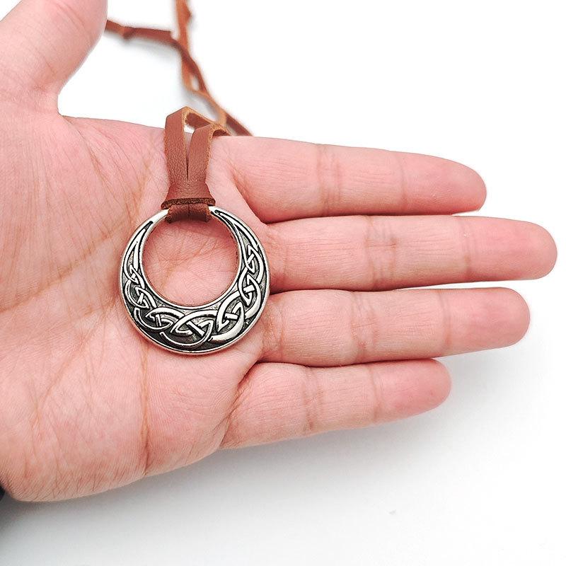 Adjustable Leather Cord Necklace With Vintage Viking Style Celtic Knot Round Pendant