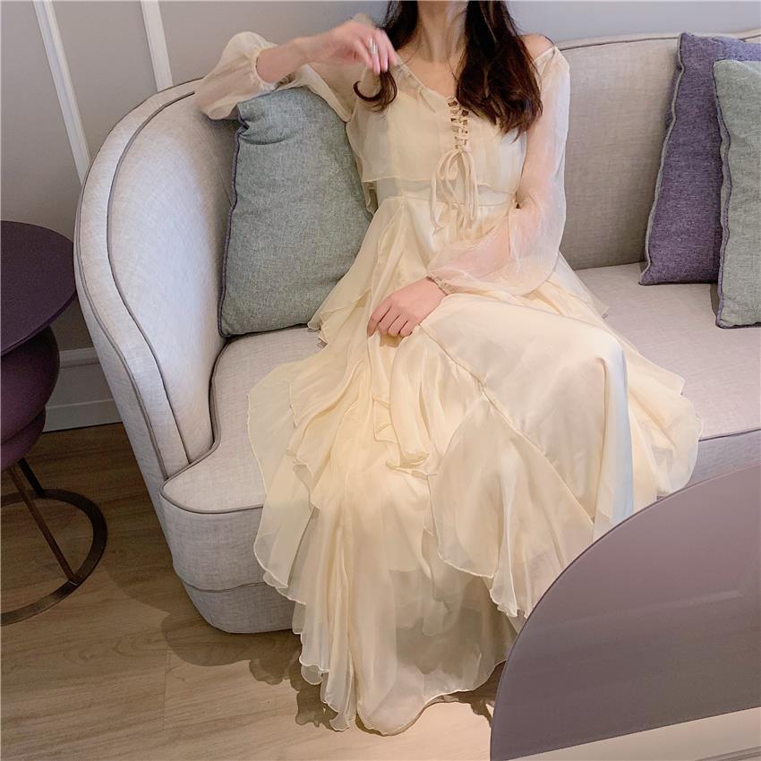 Spring Summer Elegant Flowy Mid-Length Waist-Cinching Long Sleeve Dress for Women