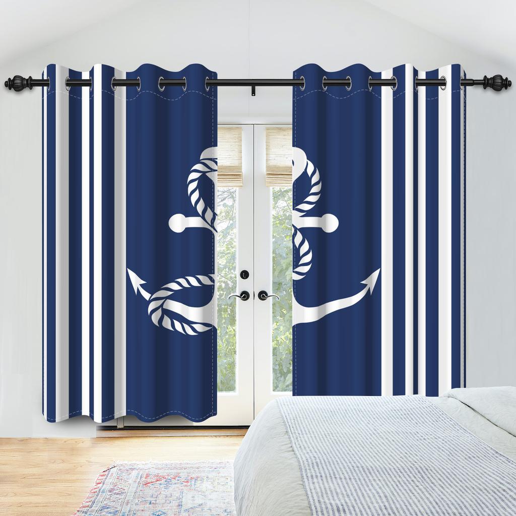 Nautical Themed 100% Blackout Curtains Multiple Designs Navy Style Curtains For Bedroom Living Room Decor Grommet Window Drapes