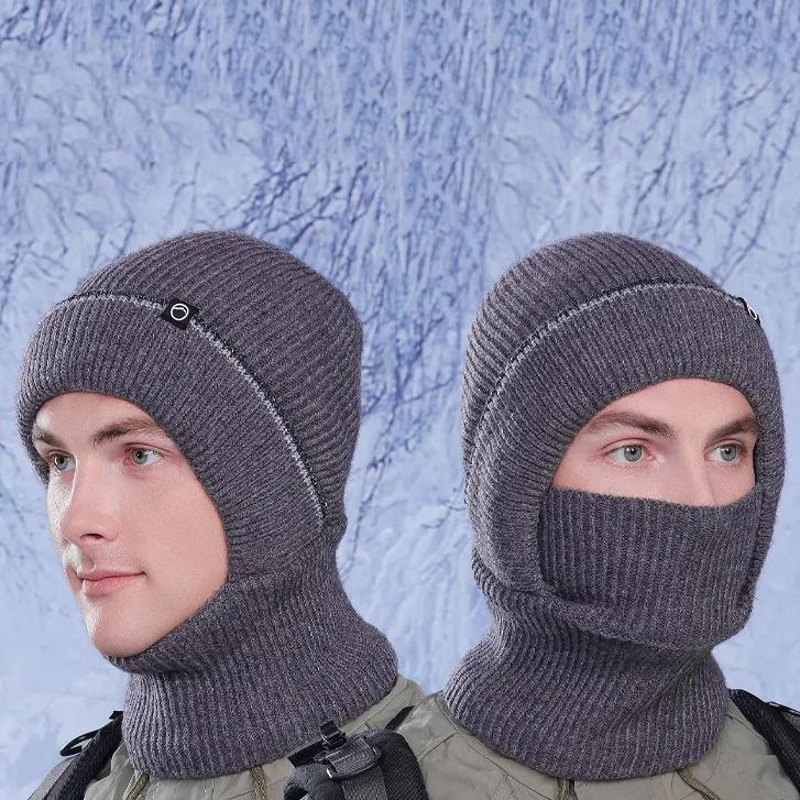 WTEMPO Men's Autumn Winter Ear/Face Protection Knitted Hats Cold-proof Windproof Outdoor Cycling Hats Solid Color Thick Warm Plush Inner Woolen Hats