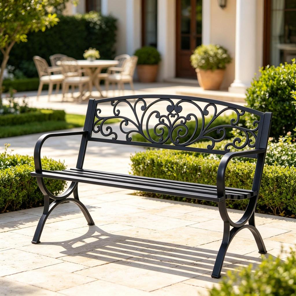 Stylish outdoor bench, garden bench with ornamental backrest design, elegant bench (only with bench)