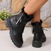 Autumn Winter Short Plush Ankle Boots Women Fashion Zipper Black Pu Leather Motorcycle Boots Woman Lace Up Platform Botas Mujer