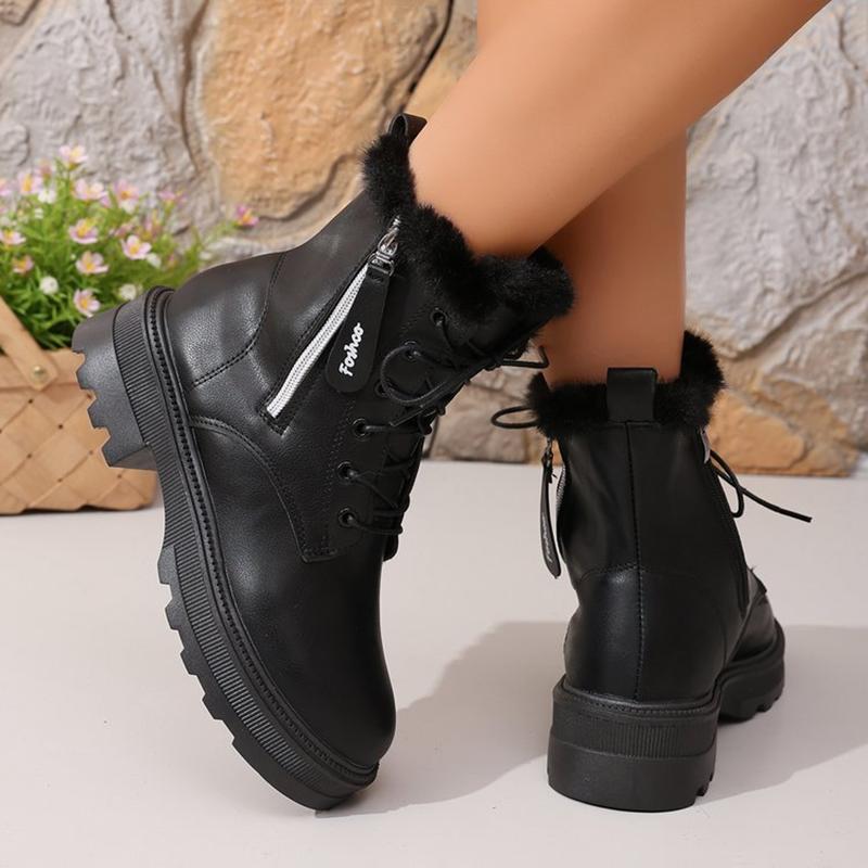 Autumn Winter Short Plush Ankle Boots Women Fashion Zipper Black Pu Leather Motorcycle Boots Woman Lace Up Platform Botas Mujer