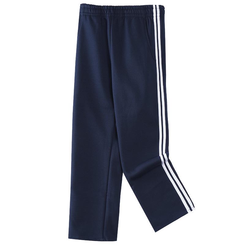 Navy Blue Fleece-Lined Kids' School Uniform Sports Pants with Stripes