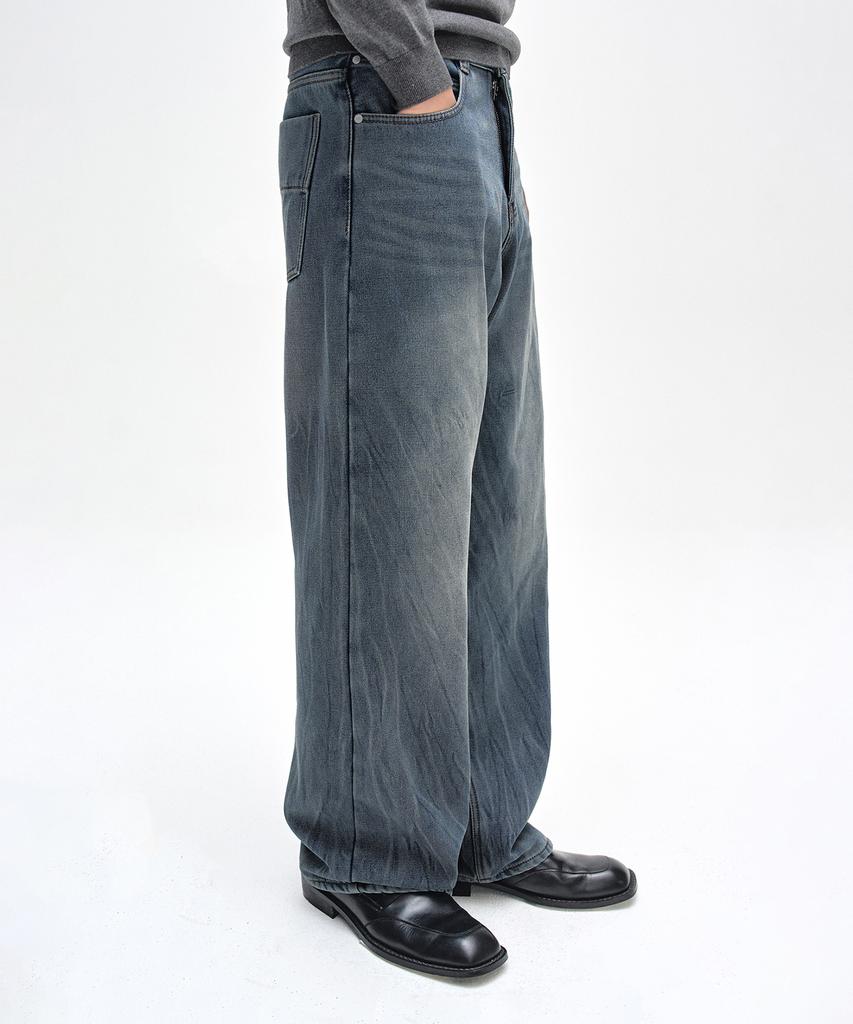 DECET [Fleece-Lined Bonded] Mid Rise Wide Jeans Dcpt027Wcrblue2