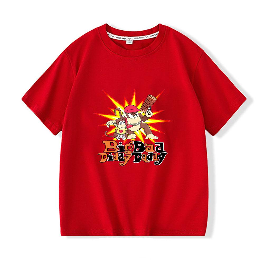 

Donkey Kong Bananza Print Kids Tees Cartoon Cute Tops Girls and Boys Short Sleeve Casual Comic 100%Cotton T Shirt Children Summer Clothes 100 красный