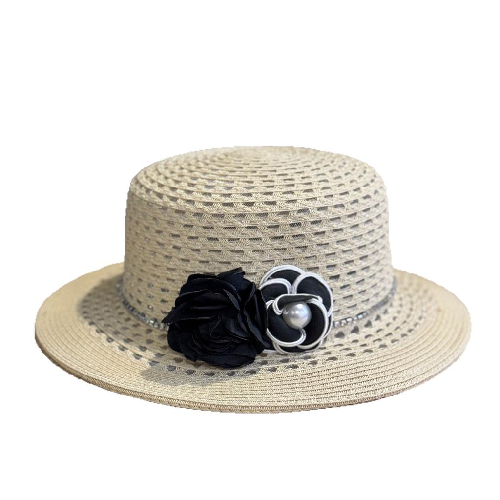 Seaside beach vacation elegant flower flat top straw hat wide brim sun hat light breathable pearl top hat tide