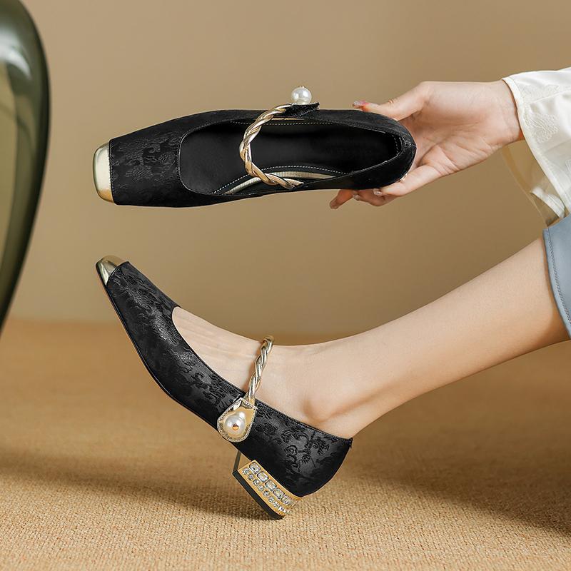 

2024 New Comfortable Women s Single Shoes Square Toe Thick Heel Buckle Color Matching Slip-On Versatile Spring and Autumn 33 шампанского