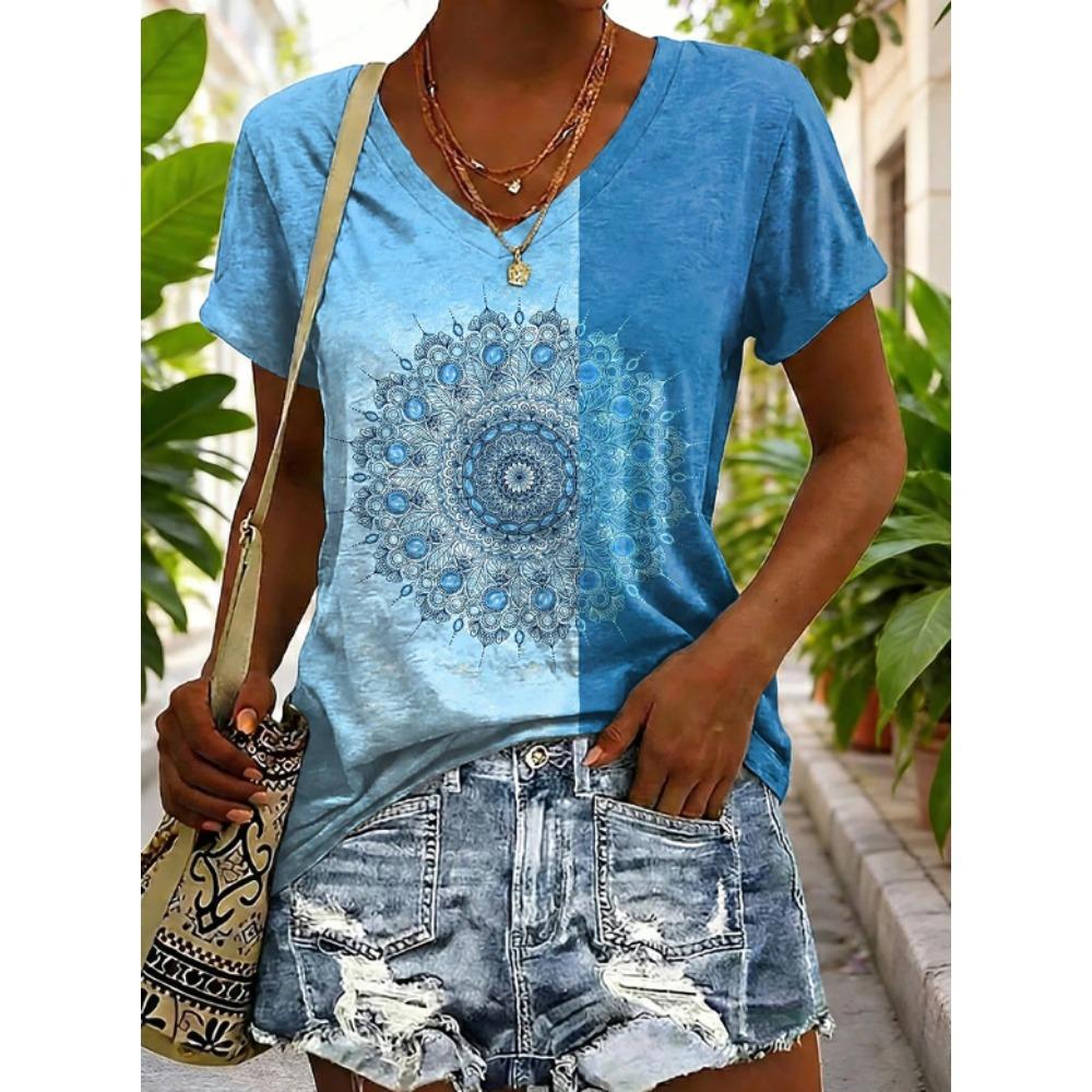 Women Summer T Shirt Beautiful Flower Pattern Print Short Sleeve Tees Casual Printed Tops XS