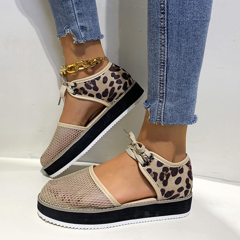 

Модная женская обувь на плоской подошве Летние полые дышащие леопардовые сандалии на платформе со шнуровкой для женщин больших размеров Универсальные повседневные сандалии 41 бежевый