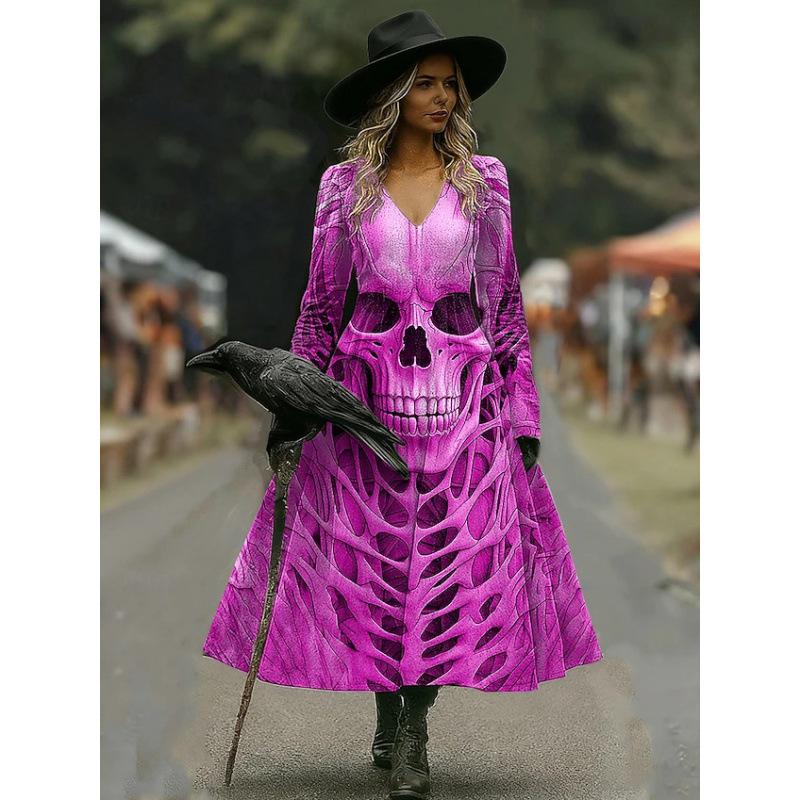 IFICY Women's Fashion Spring Autumn Long Sleeve V‑Neck High Waist Retro Bohemian Casual Dresses