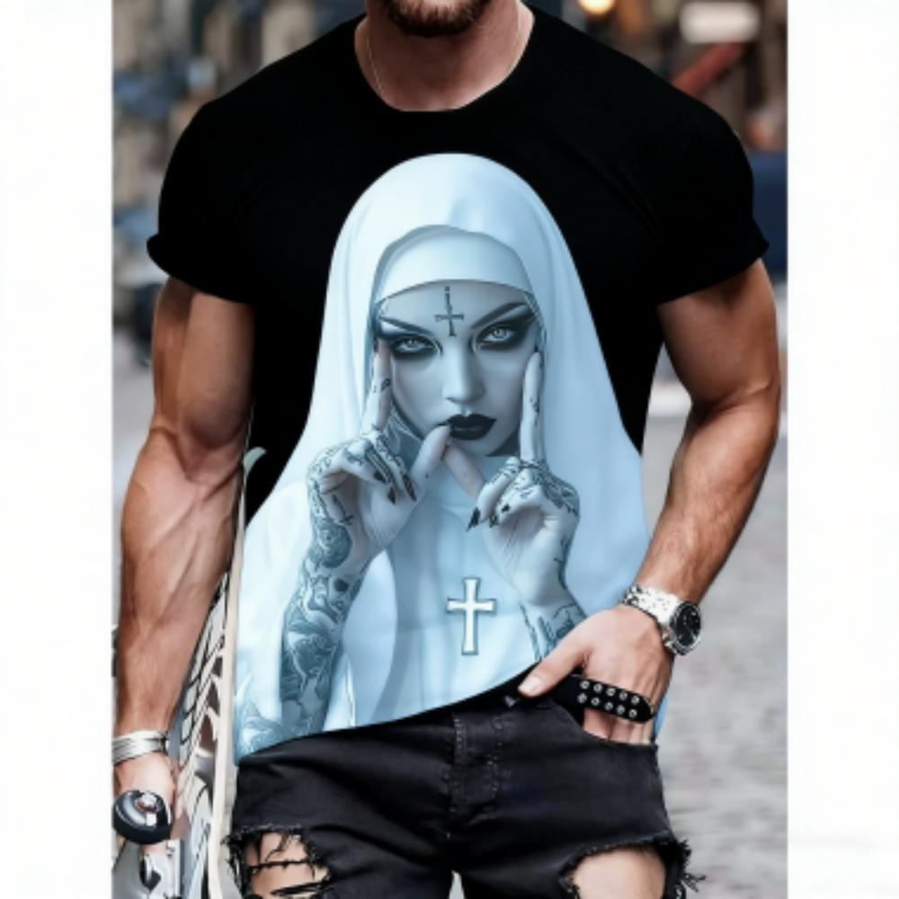 Fashion Tattoo Nun 3D Printed T-Shirt For Men Cool Pattern Tees Summer Casual Round Neck Short Sleeve Tops Street Tee Shirts