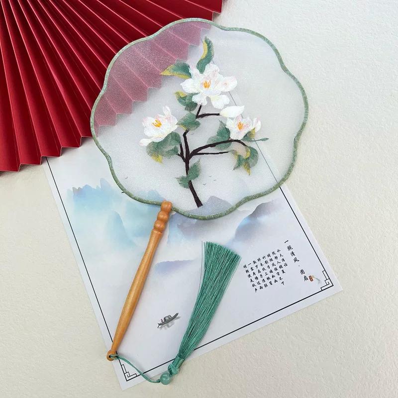 High-End Traditional Style Embroidered Round Fan, Hanfu Qipao Semi-Transparent Ancient Costume Lace-Shaped Embroidery, Classical Style Children's