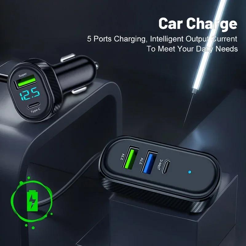 Caricabatterie da Auto 12V-24V 100W a 5 Porte 66W Super Ricarica Rapida Doppia USB+Type C con Display Tensione Cavo 150cm per iPhone/Android