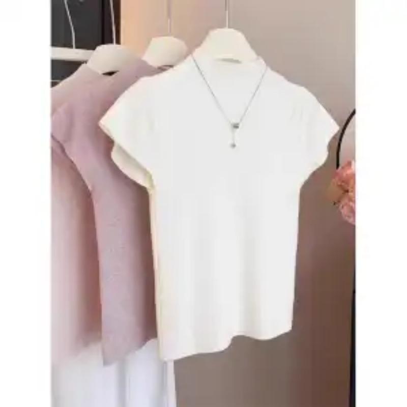 Women Summer Elegant Mock Neck Tee Slim Fit Short Sleeve Blouse
