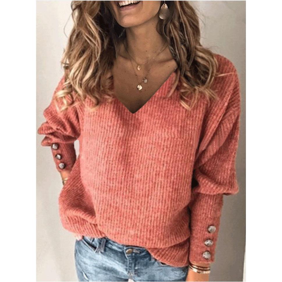 Women's Casual Sweater Pullover Autumn And Winter Loose Solid Color V-neck Knitted Sweater Tops