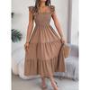 Summer Solid Colour Square Neck Wooden Ear Side Waist A-Line Long Women's Loose Casual Dresses