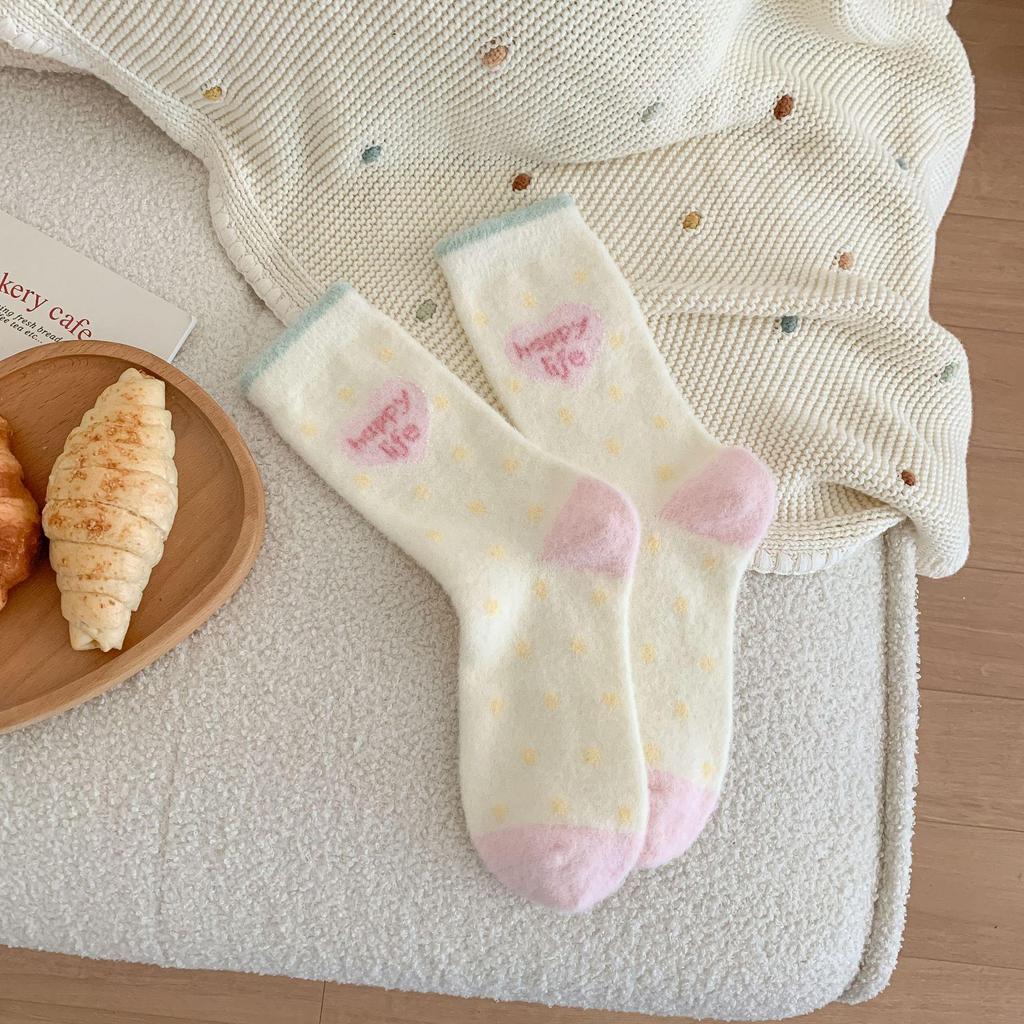 Pink Australian Wool Women's Mid-Calf Socks - Cute Japanese Cartoon, Warm and Fluffy for Autumn/Winter.