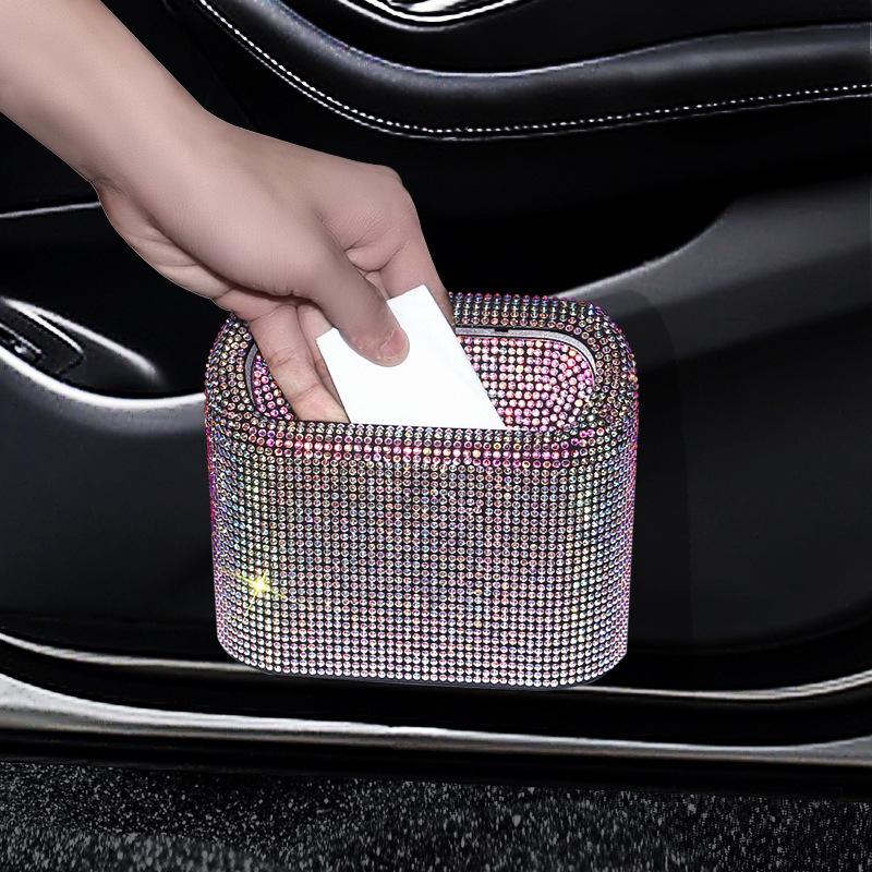 Rhinestone Car Trash Can - Flip-Top Hanging Interior Storage Bin