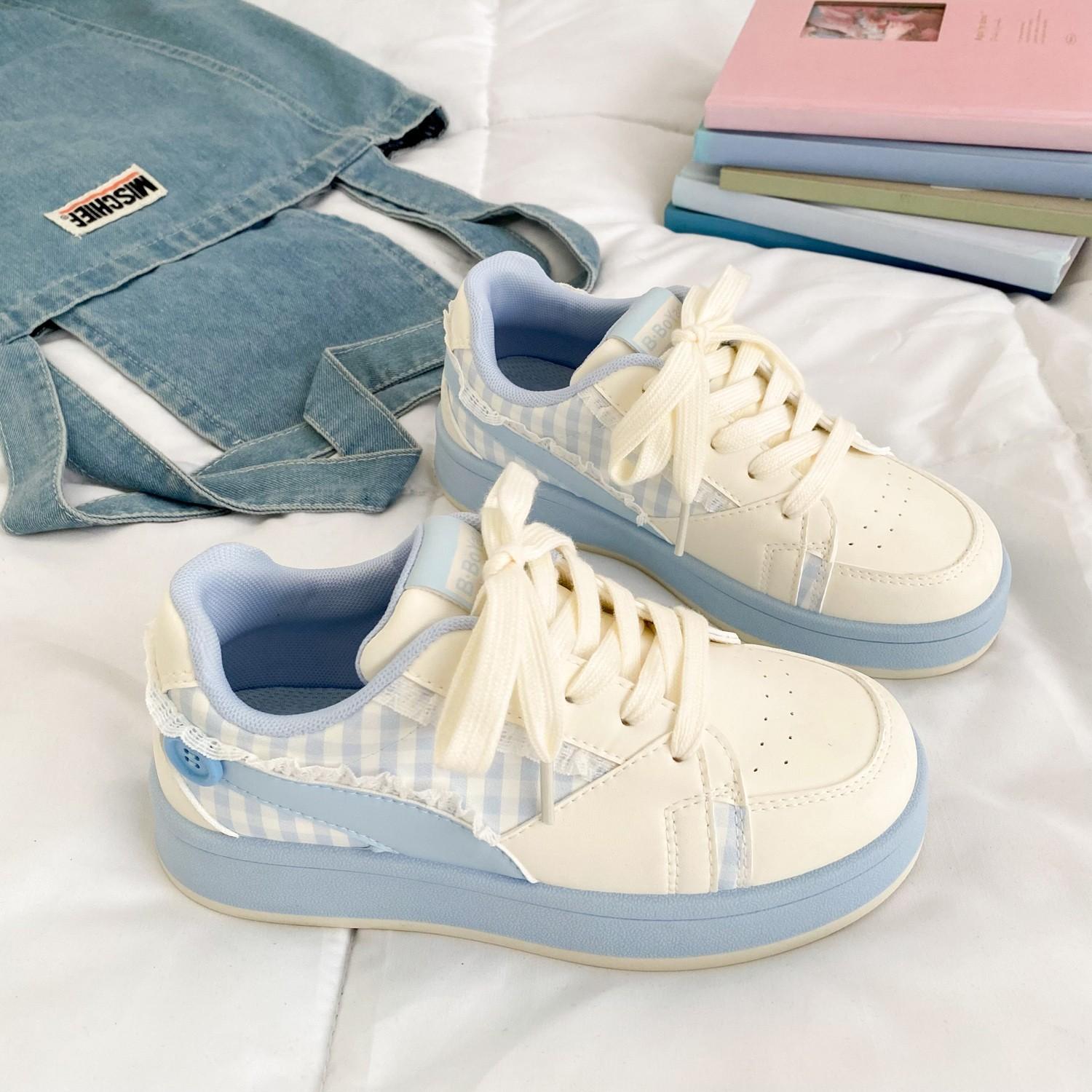 

2025 Женские дышащие спортивные туфли в полоску, милые спортивные туфли на толстой подошве на пуговицах, повседневные беговые спортивные туфли на толстой подошве 35 синий