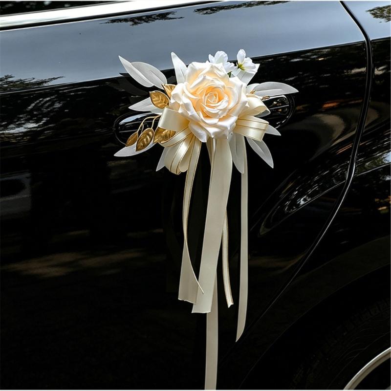 Ceremony Vehicle Handle Flower Ornament with Rose and Suction Cup for Wedding Car Styling and Photo Use