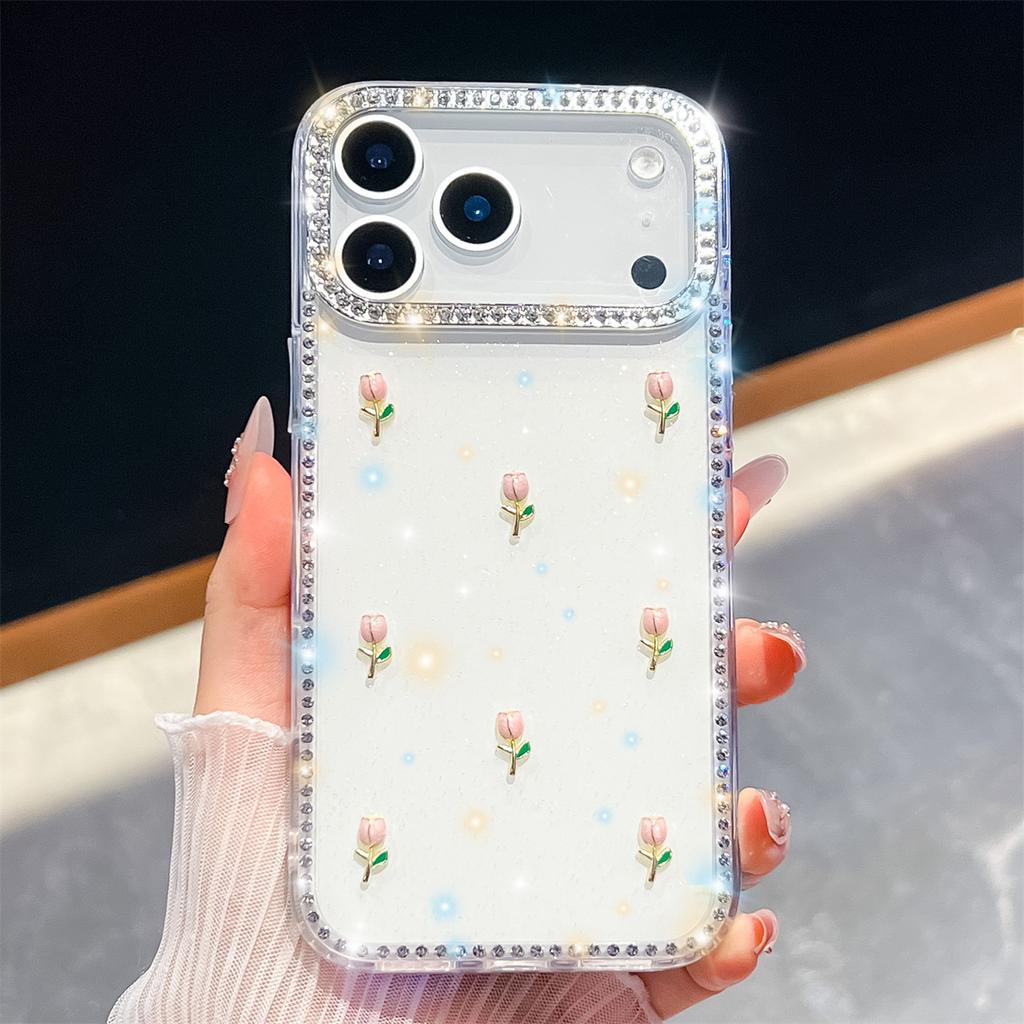 Handmade Sparkly Diamond Tulip IMD Phone Case, Compatible with iPhone 13-17 Series